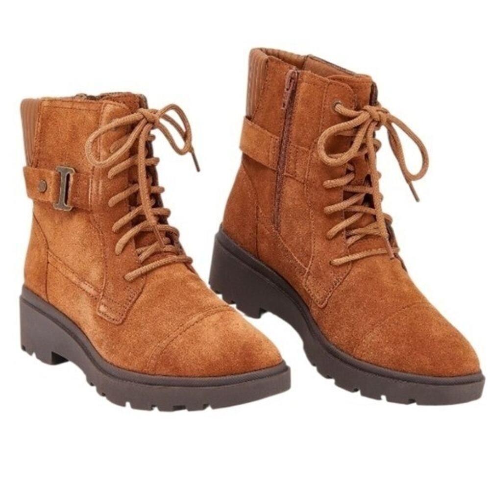 Clarks Calla Brown Suede Lace Up Combat Boots Side Zip Lug Sole Cap Toe Boots 11